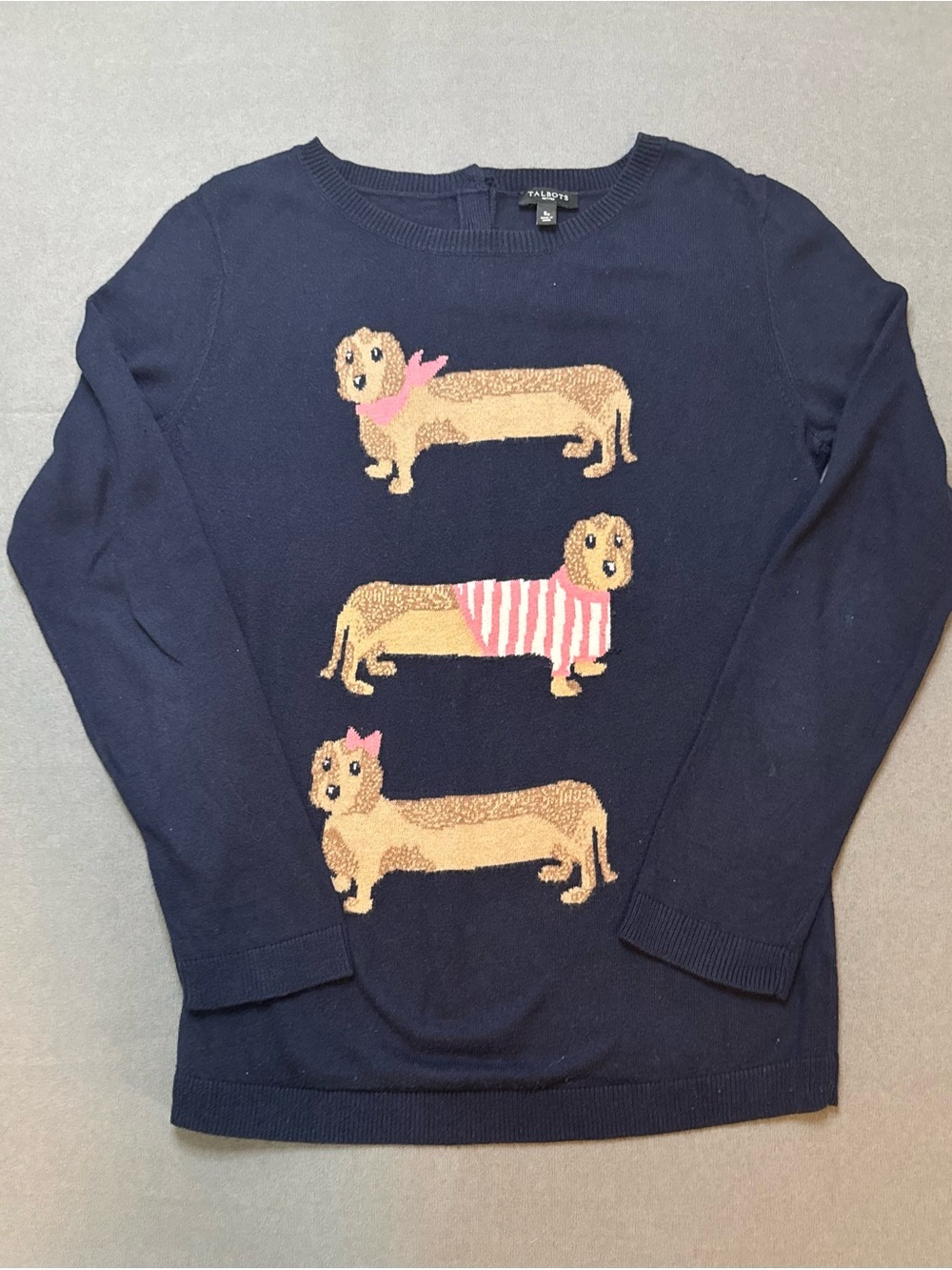 Talbots Women's Navy Blue Dog Sweater | Back Bow Detail | Small Petite